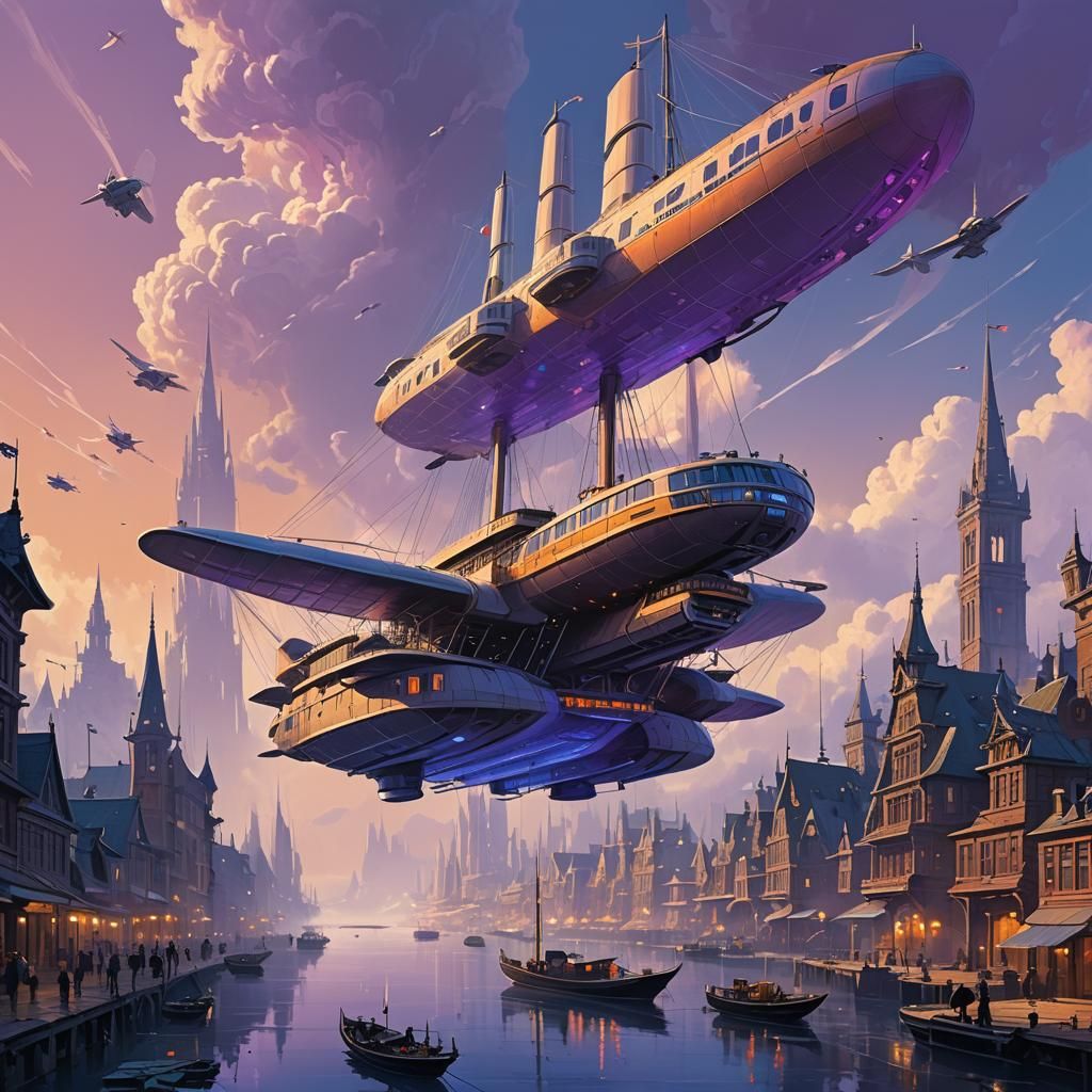 Flying Boat Soaring Through Futuristic Cityscape