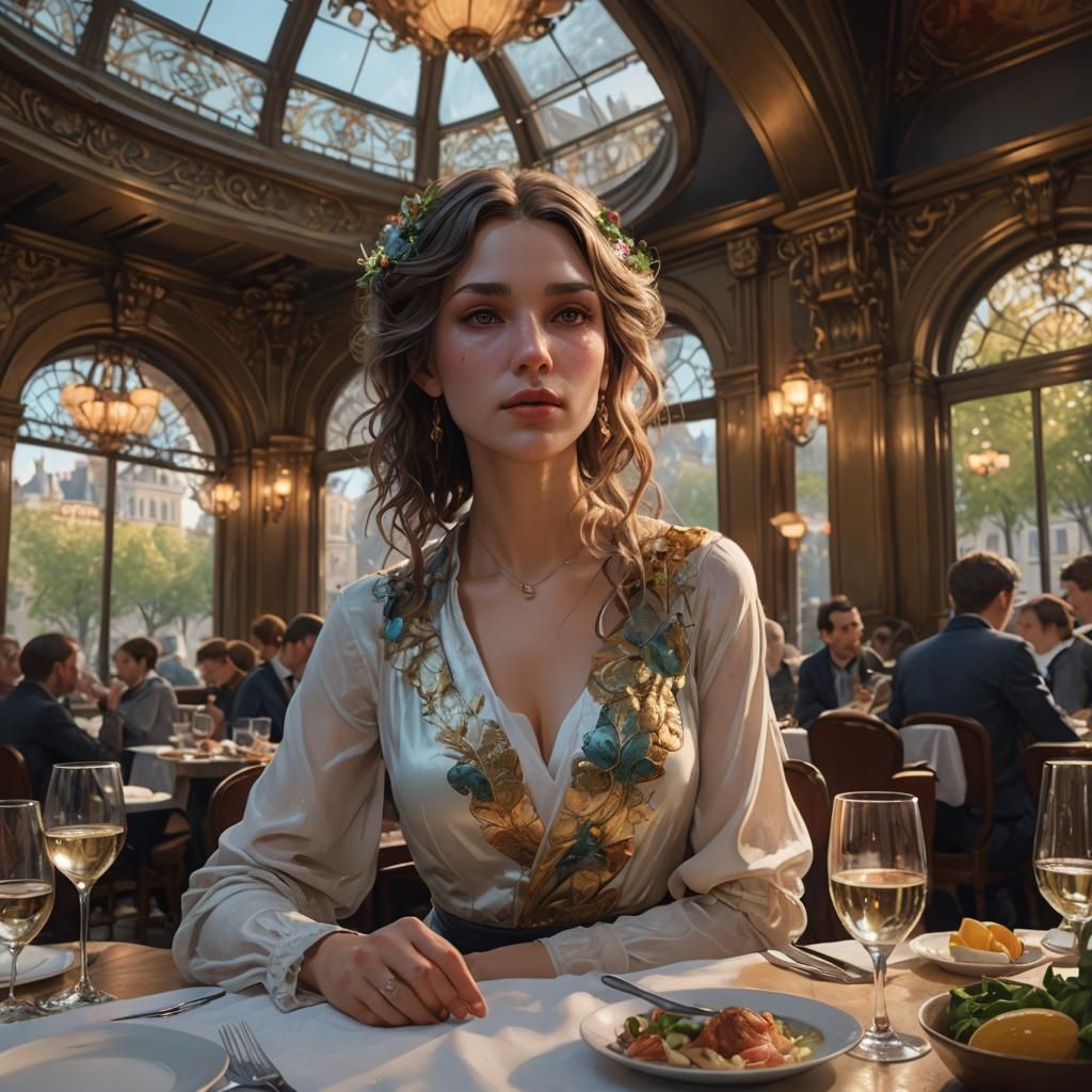 French Restaurant Dinner: Detailed Portrait in Artgerm Style