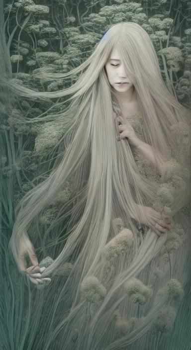 Elegant Woman with Flower in Etched Forest Scene