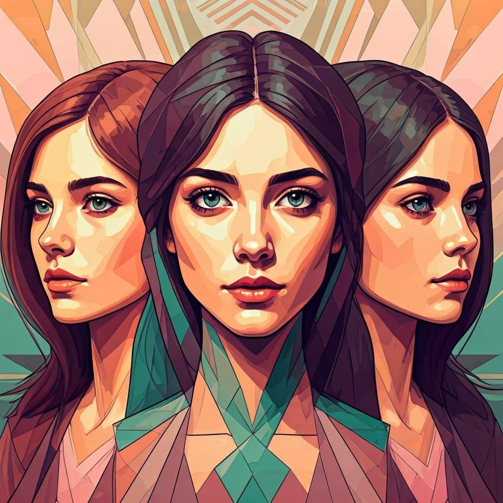 Geometric Portrait of Three Women in Cubist Style