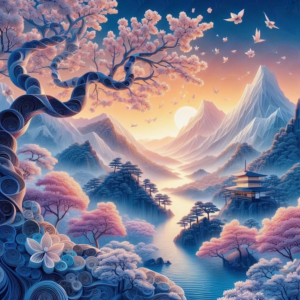 Japanese Blossom Landscape in Origami Style