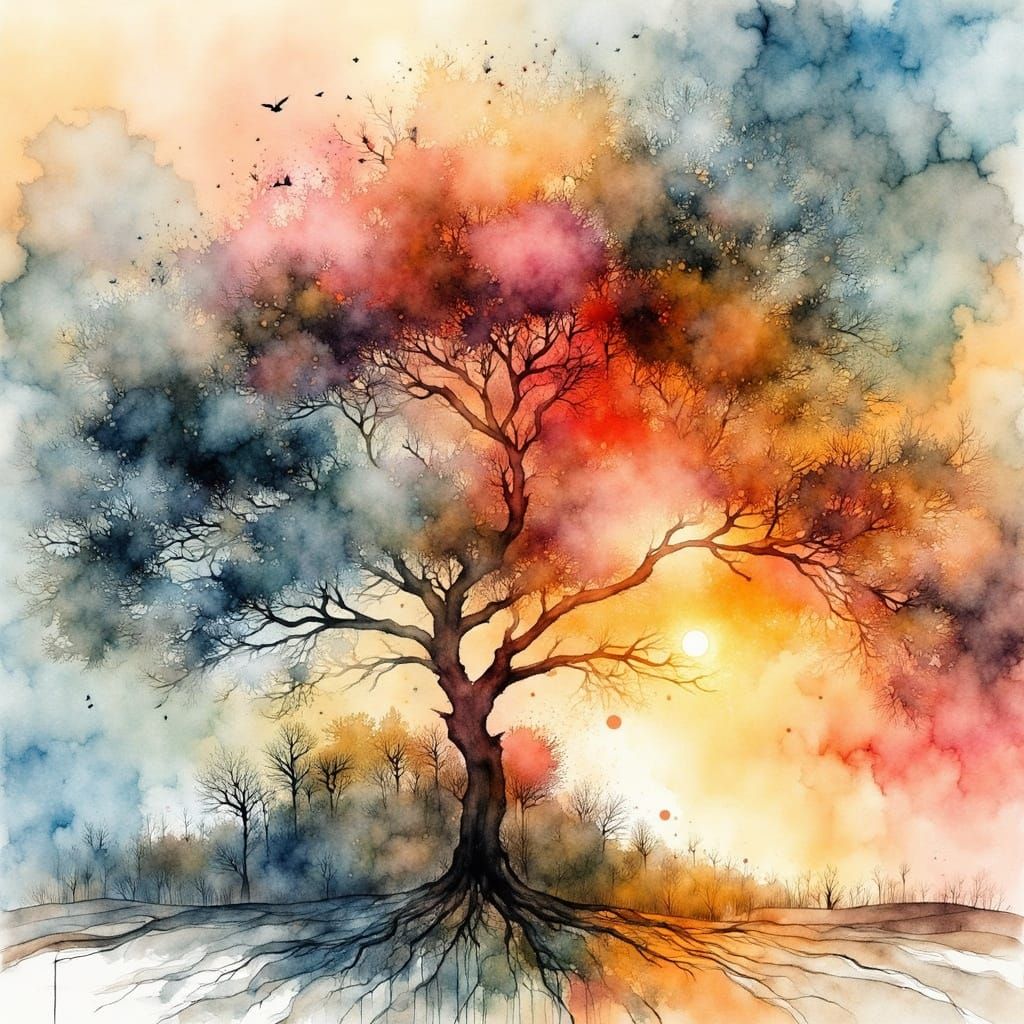 Vibrant Trees in Watercolor Inks with Rainbow Sky