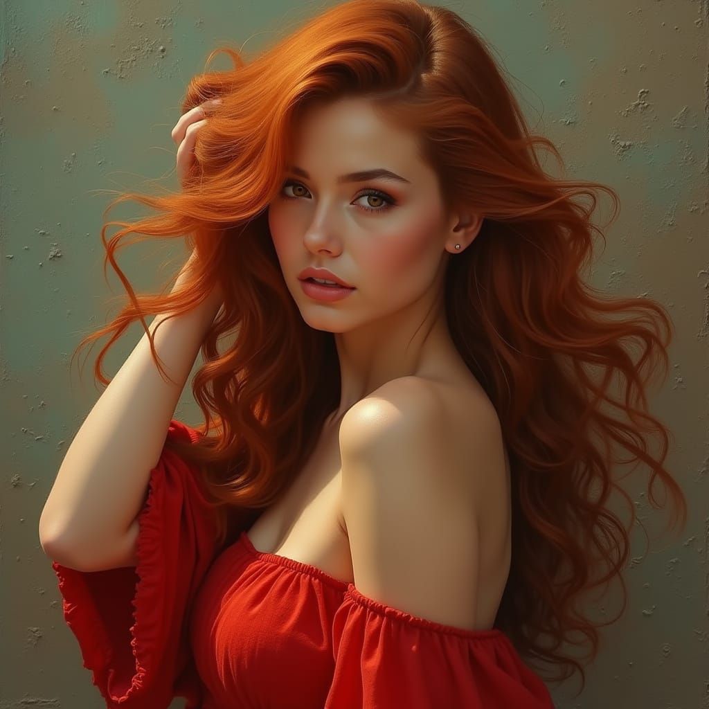 Elegant Woman with Flowing Auburn Hair as Oil Painting