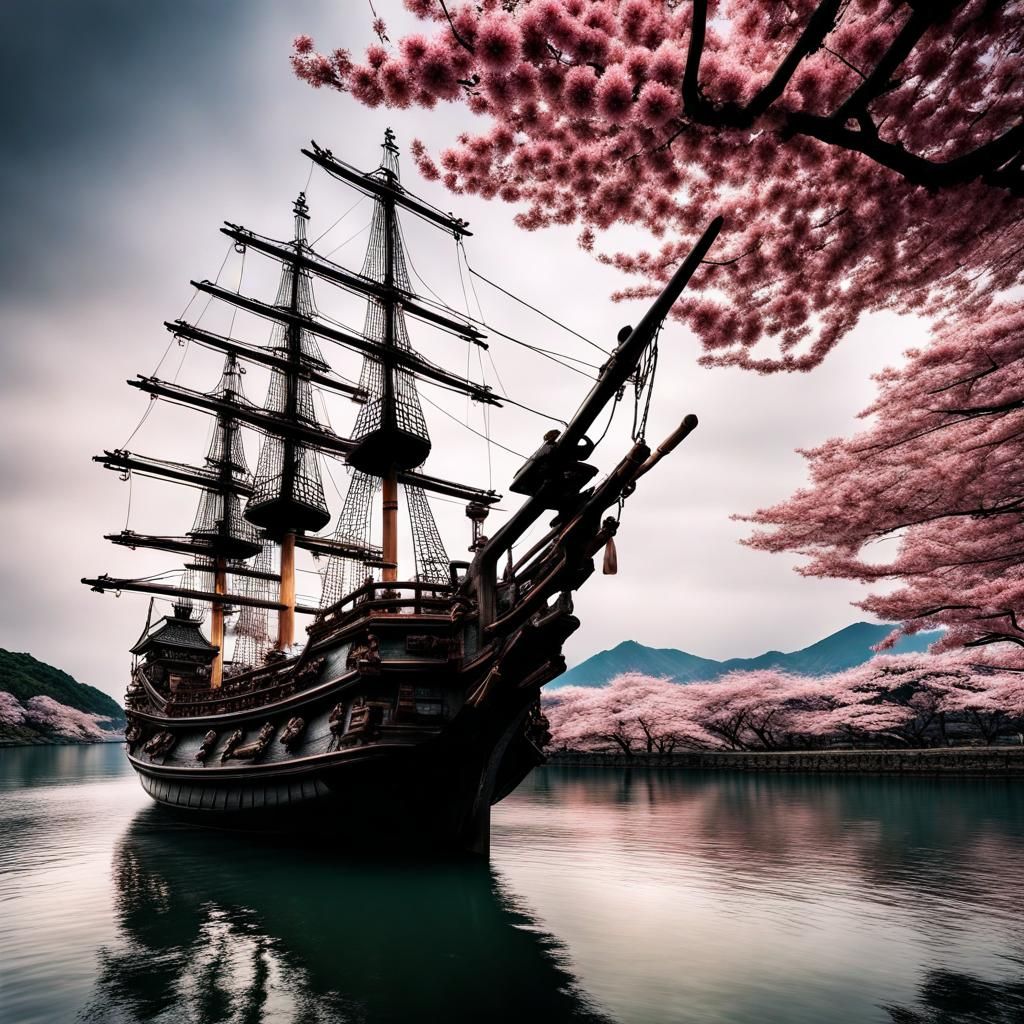 Japanese Pirate Ship Amidst Sakura Blossoms