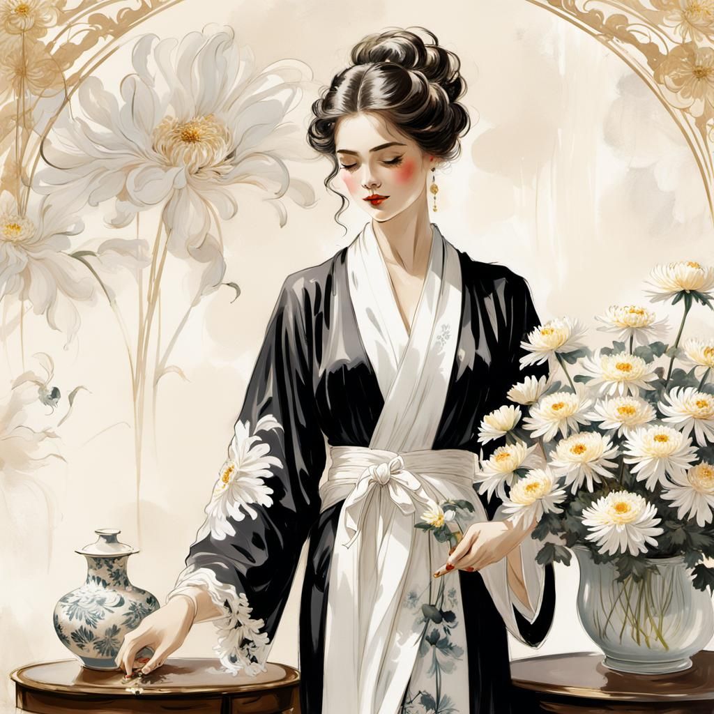 Elegant Woman Paints Chrysanthemums in Vintage Photography S...