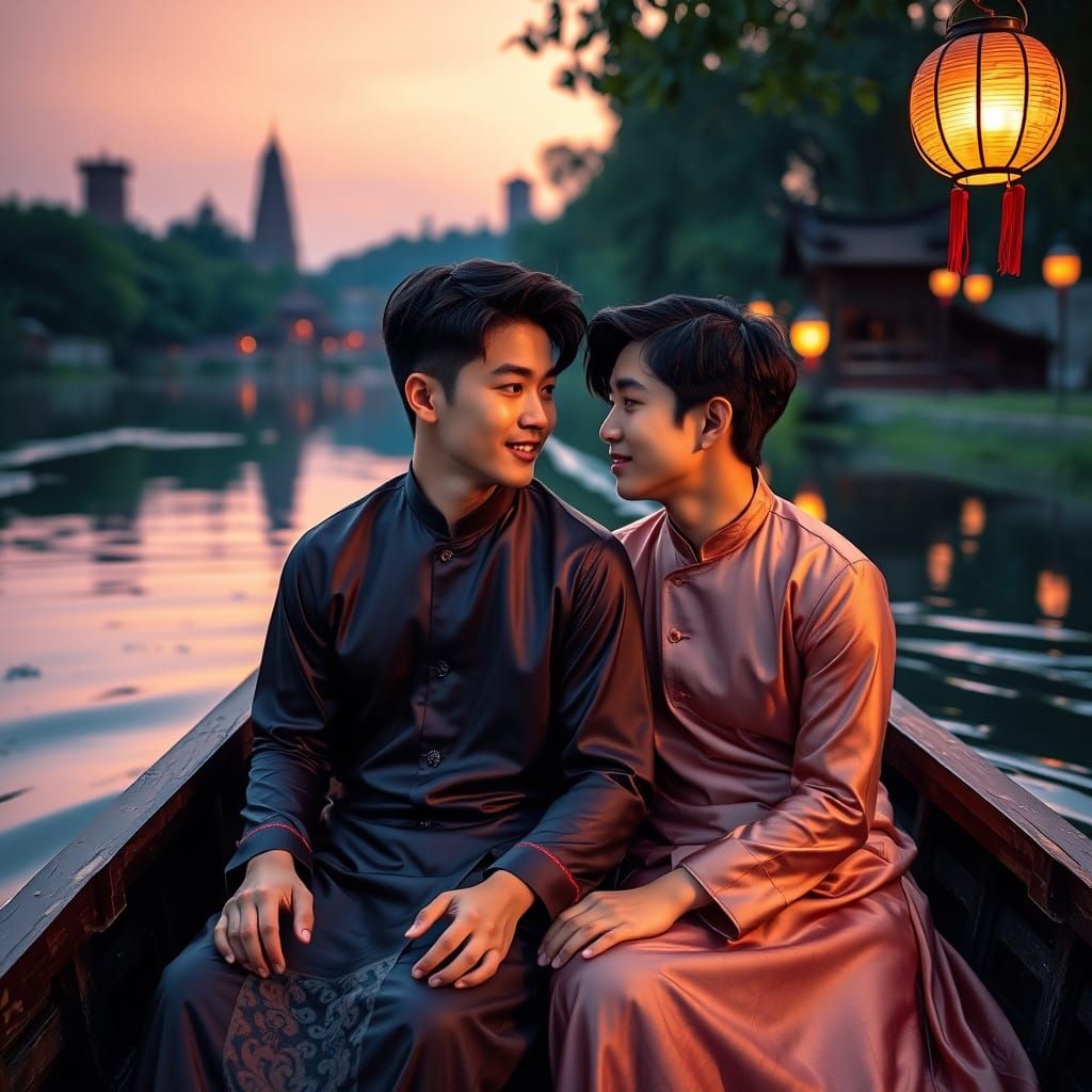 Vietnamese Men in Boat at Twilight