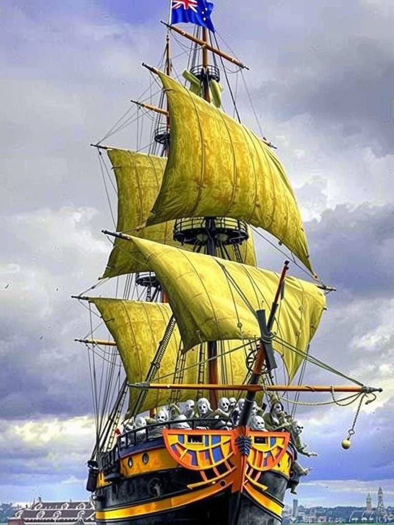 Ghostly Pirate Ship with Undead Crew on Misty Ocean