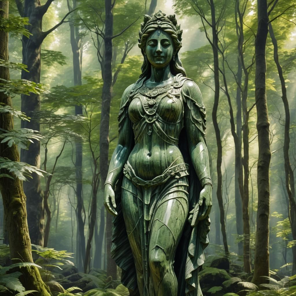 Striated Greenstone Goddess Statue in Forest