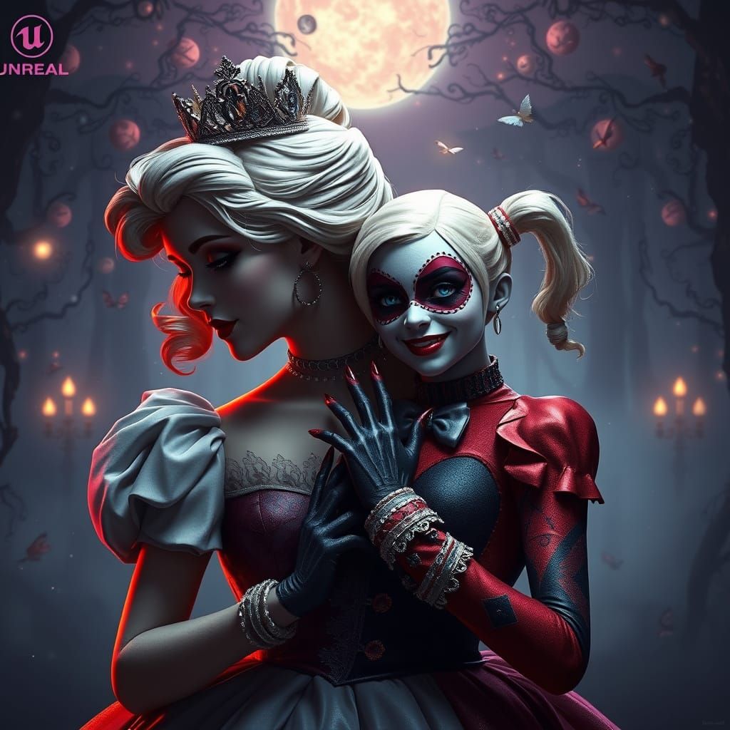 Whimsical Cinderella Harley Quinn Mashup in Dark Fantasy Sty...