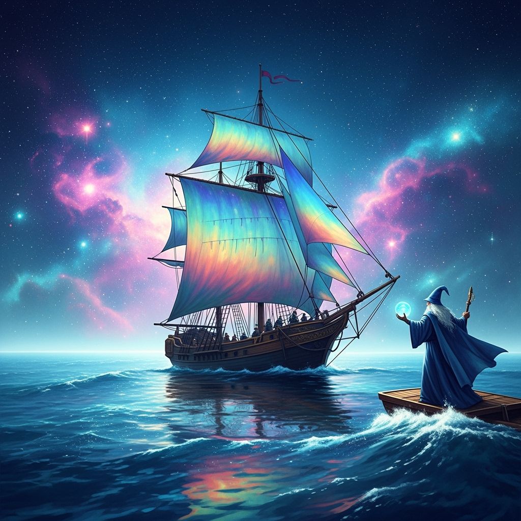 Cosmic Schooner Navigating Nebula Sea in Art Nouveau Style