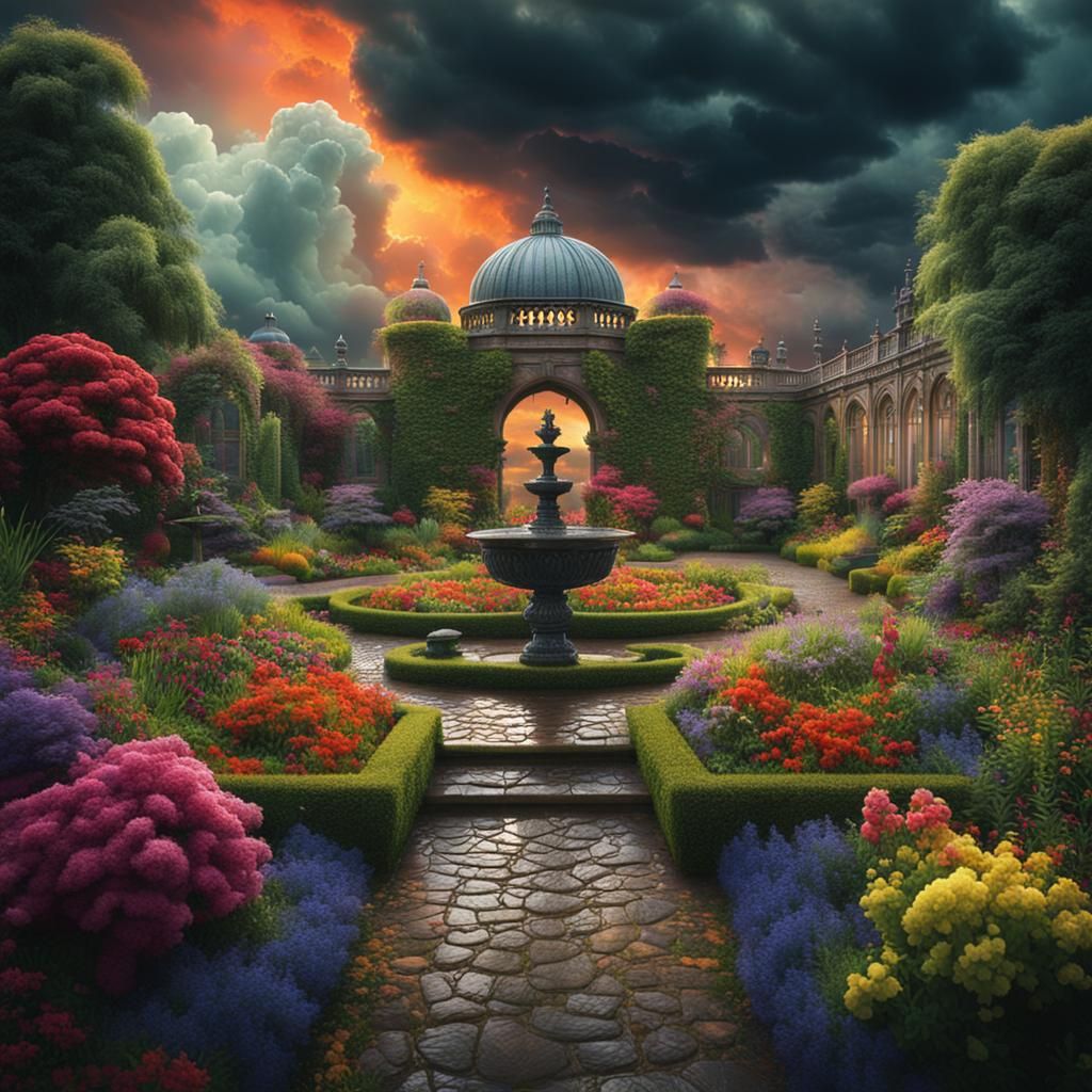 Dramatic Garden Against Storm Clouds: Digital Matte Painting