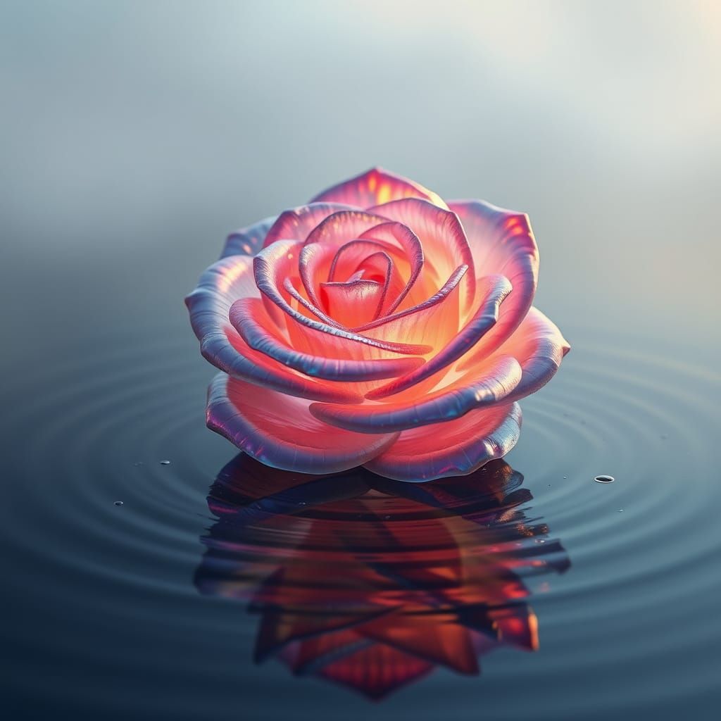 Iridescent Rose Floating on Misty Lake: 3D Anime Art