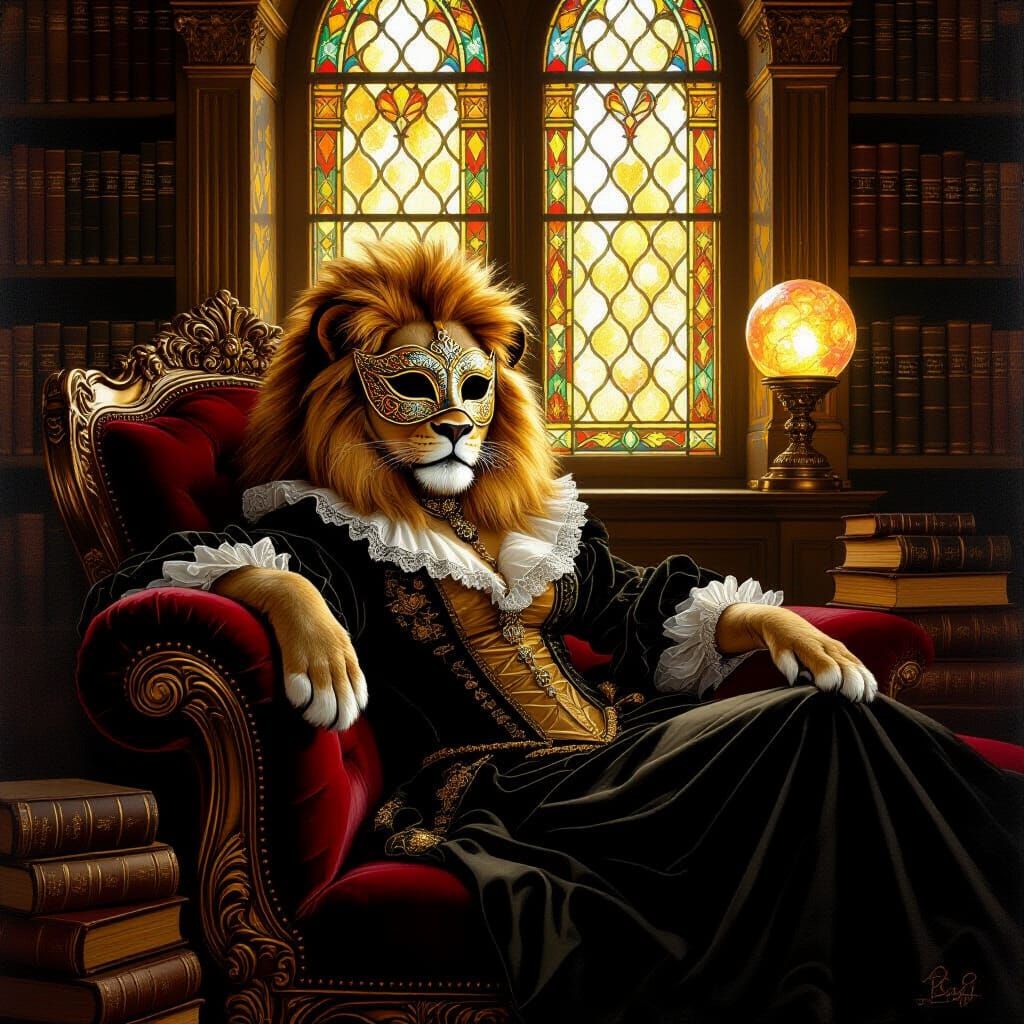Lioness in Venetian Mask in Antique Library