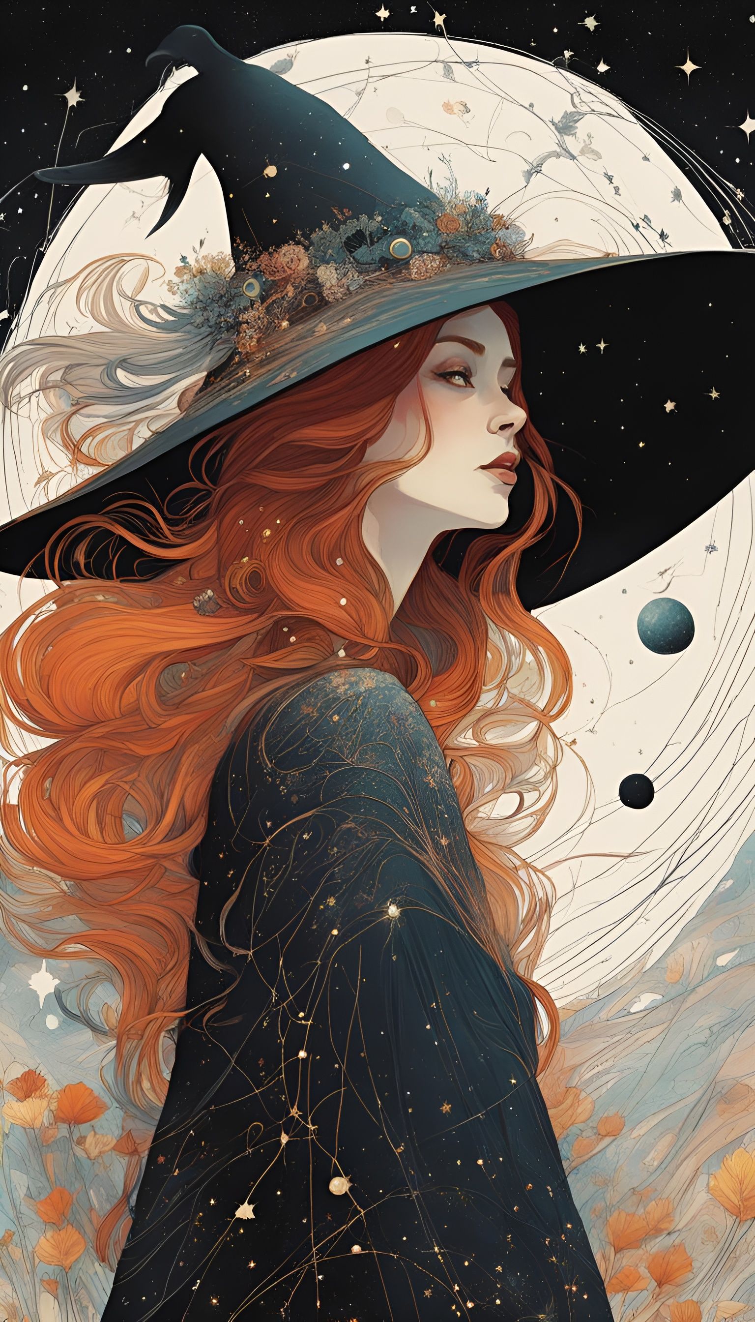 Galactic Witch with Constellation Hat, Digital Art