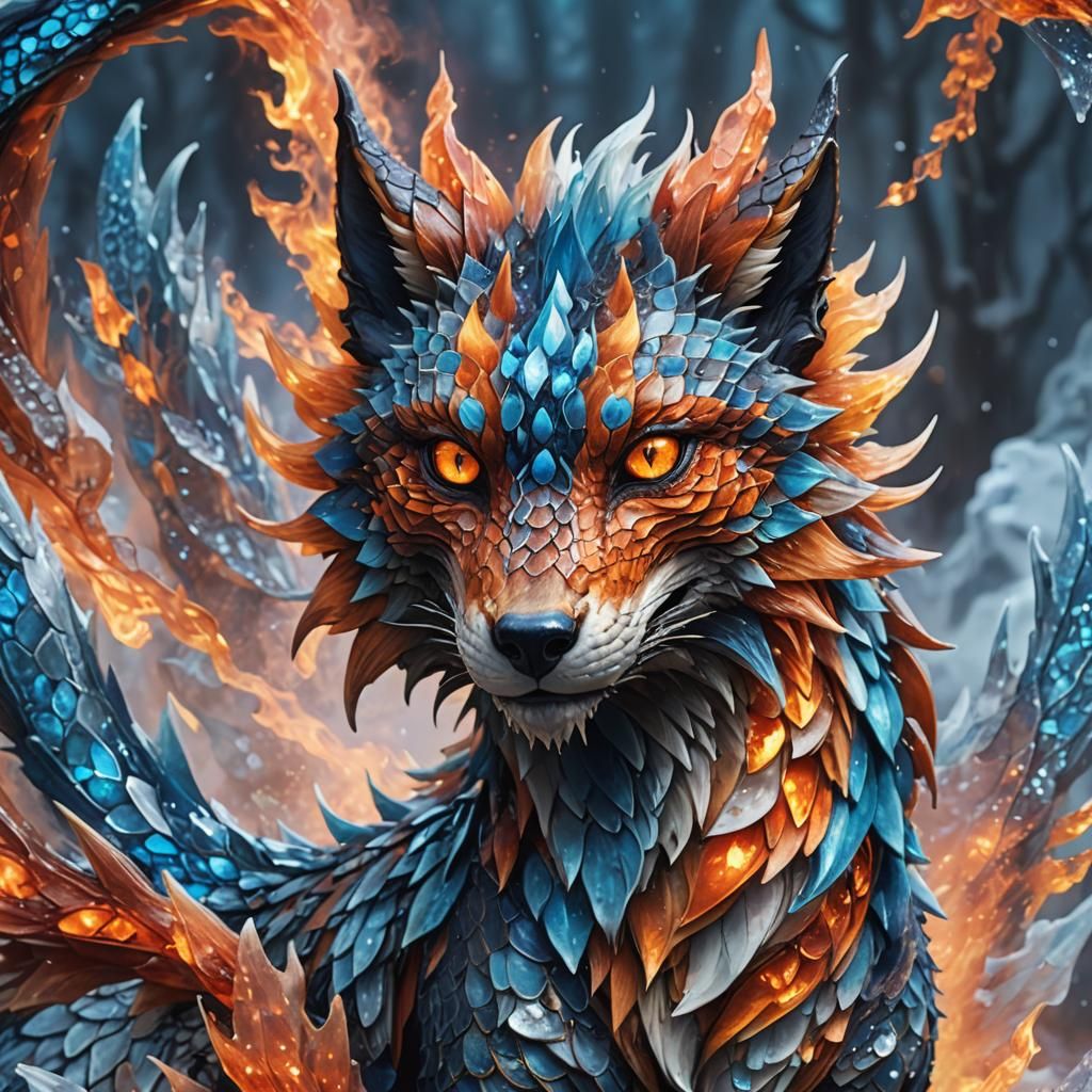 Mythical Fox Dragon with Fire and Ice Scales