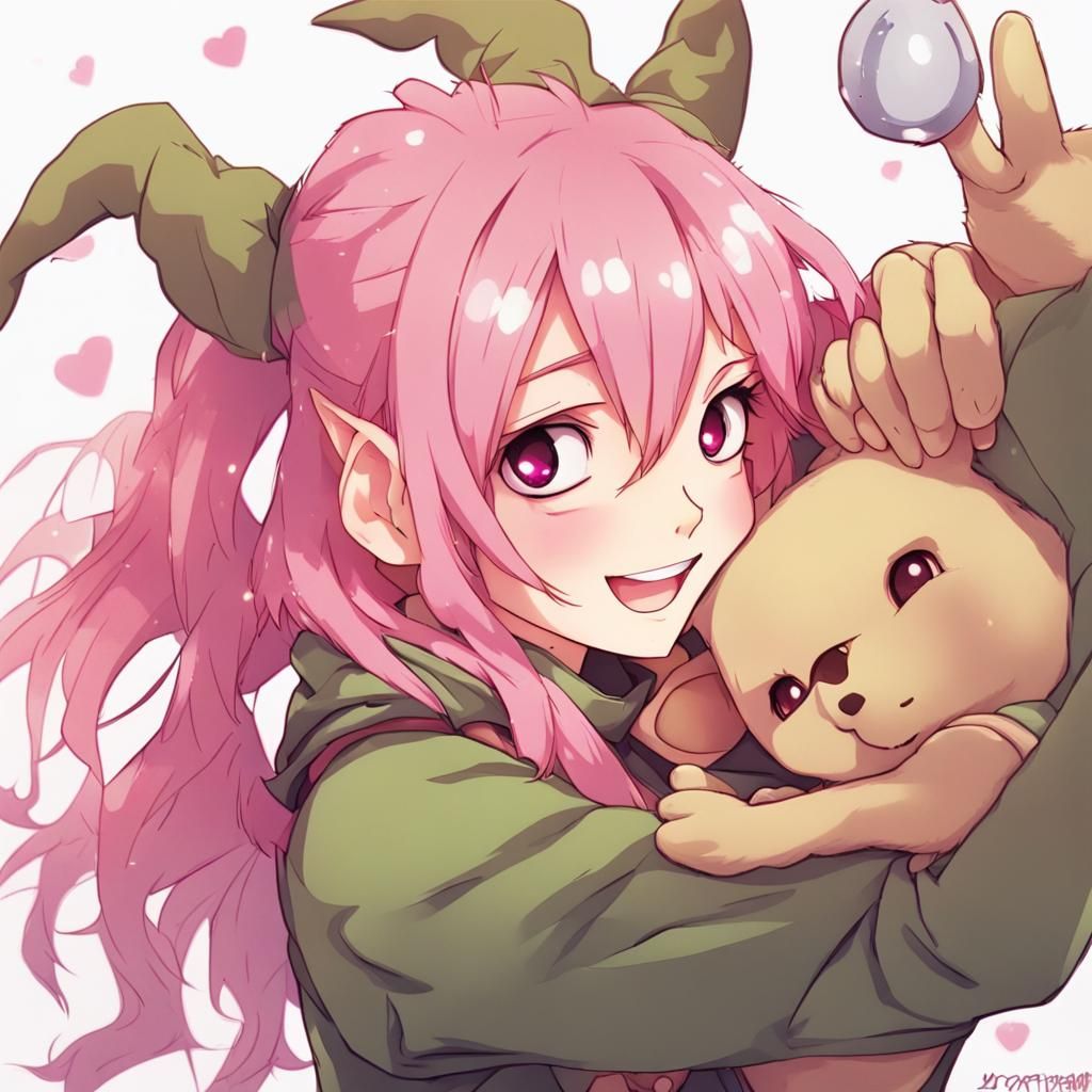 Cute Pink-Haired Goblin with Teddy, Anime Style