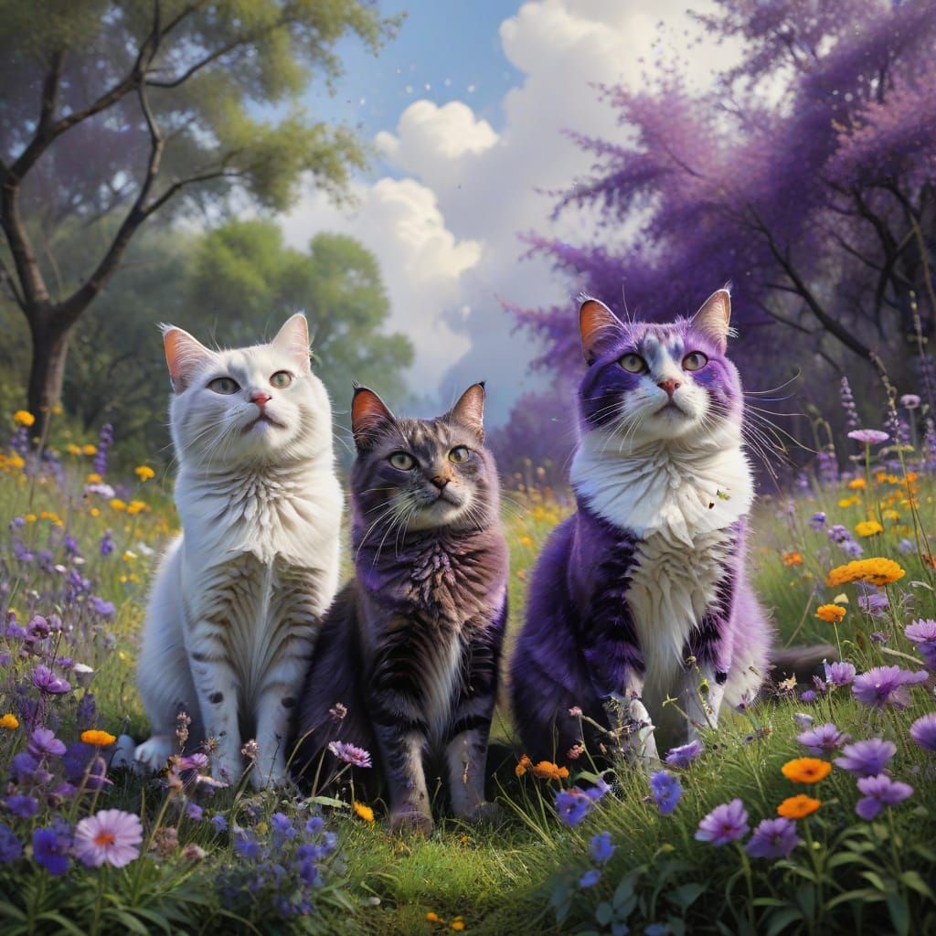 Whimsical Cats Paint Each Other in a Vibrant, Purple World