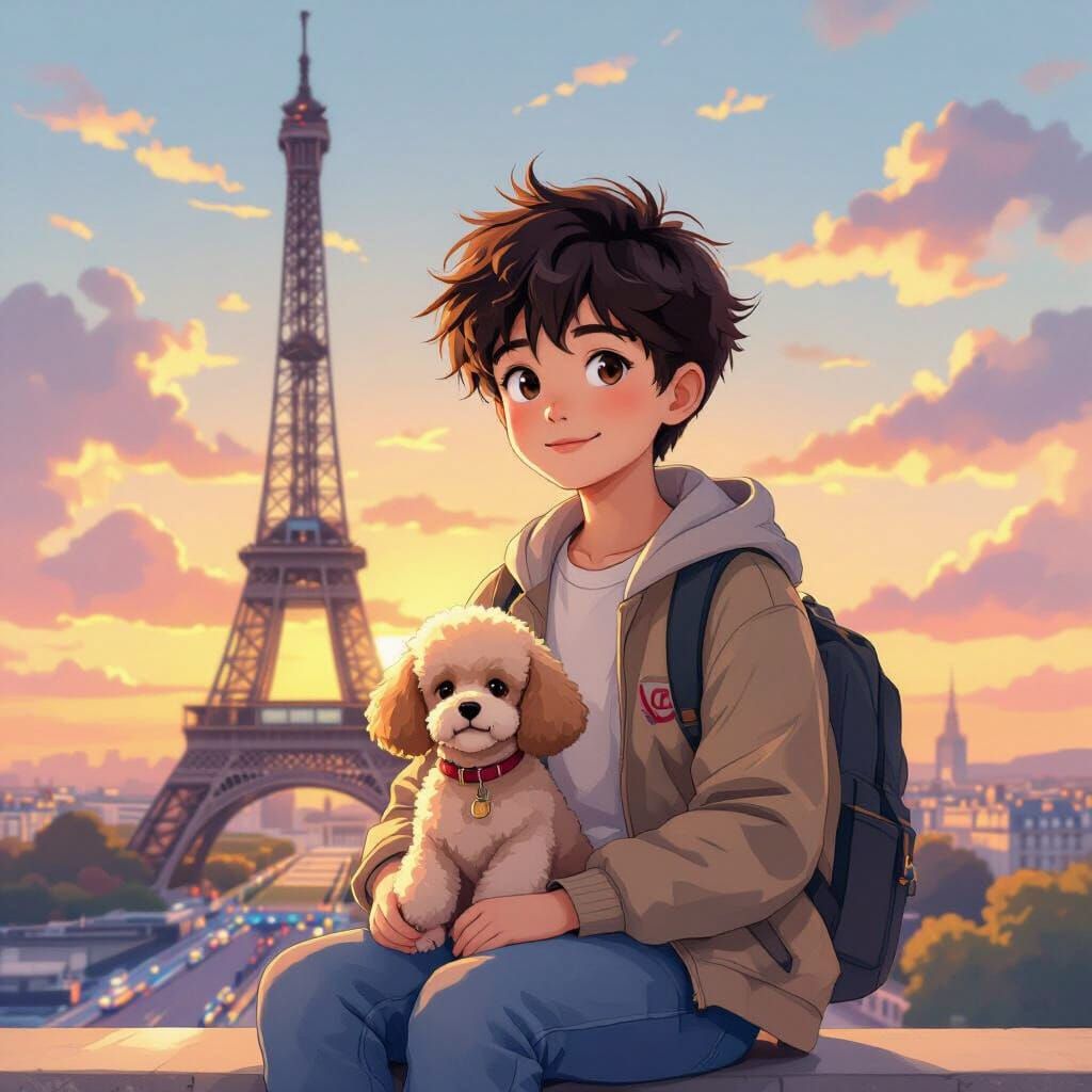 Boy and Poodle at Eiffel Tower Sunset