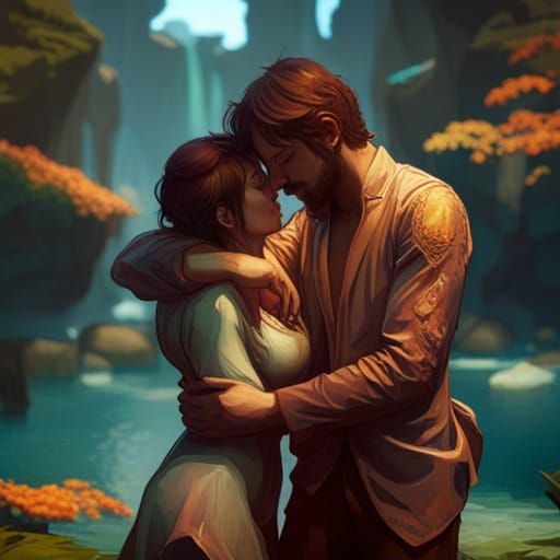Lovers' Embrace: Dynamic Lighting and Art Nouveau Style