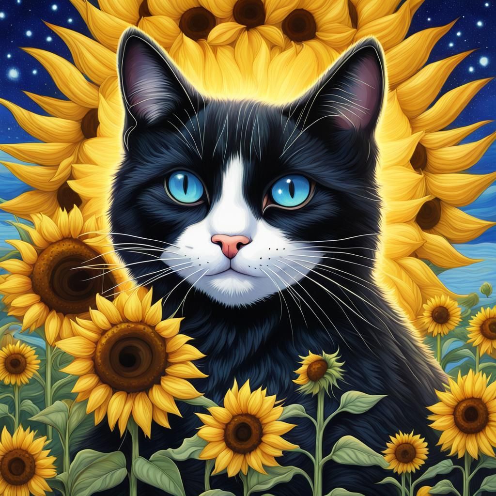 Black and White Cat in Sunflower Field