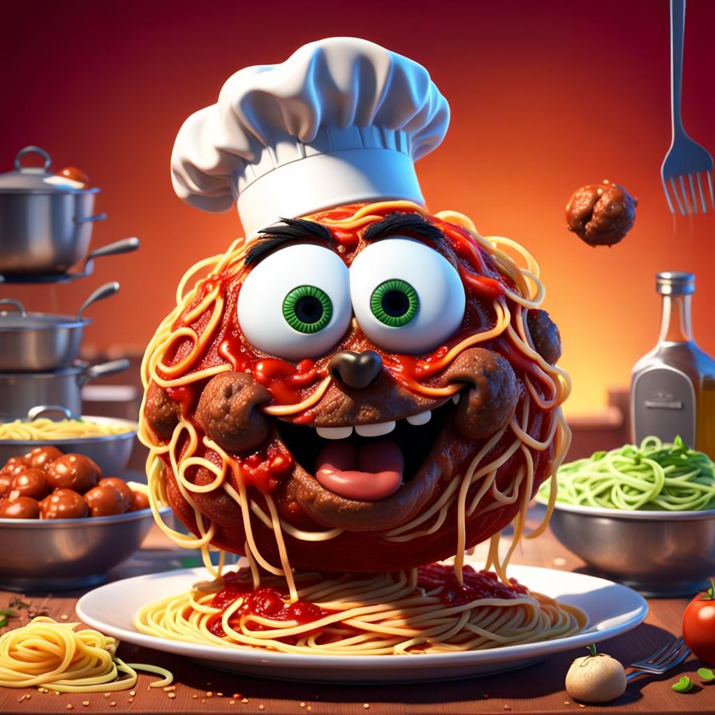 Meatball on Spaghetti: Pixar-Style 3D Digital Art