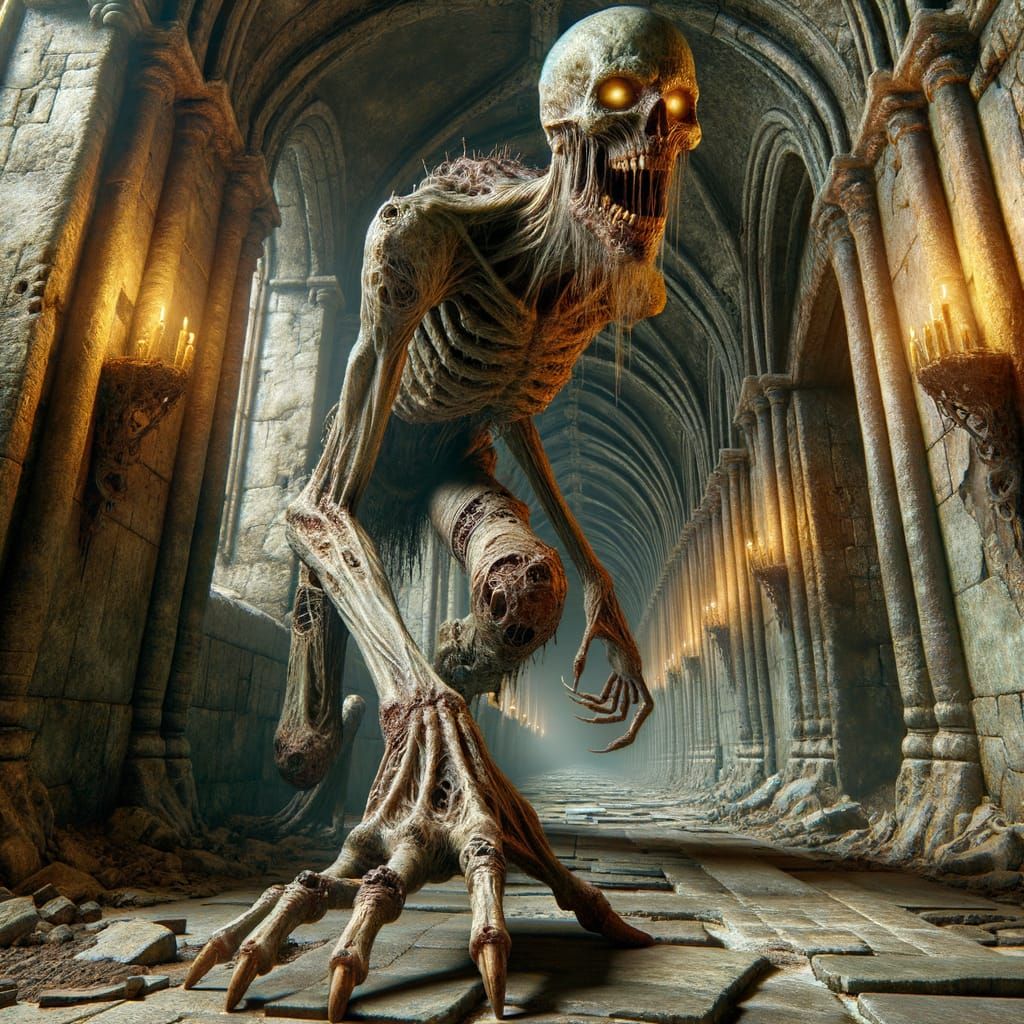 Skeletal Monstrosity Crawls Down Medieval Castle Corridor