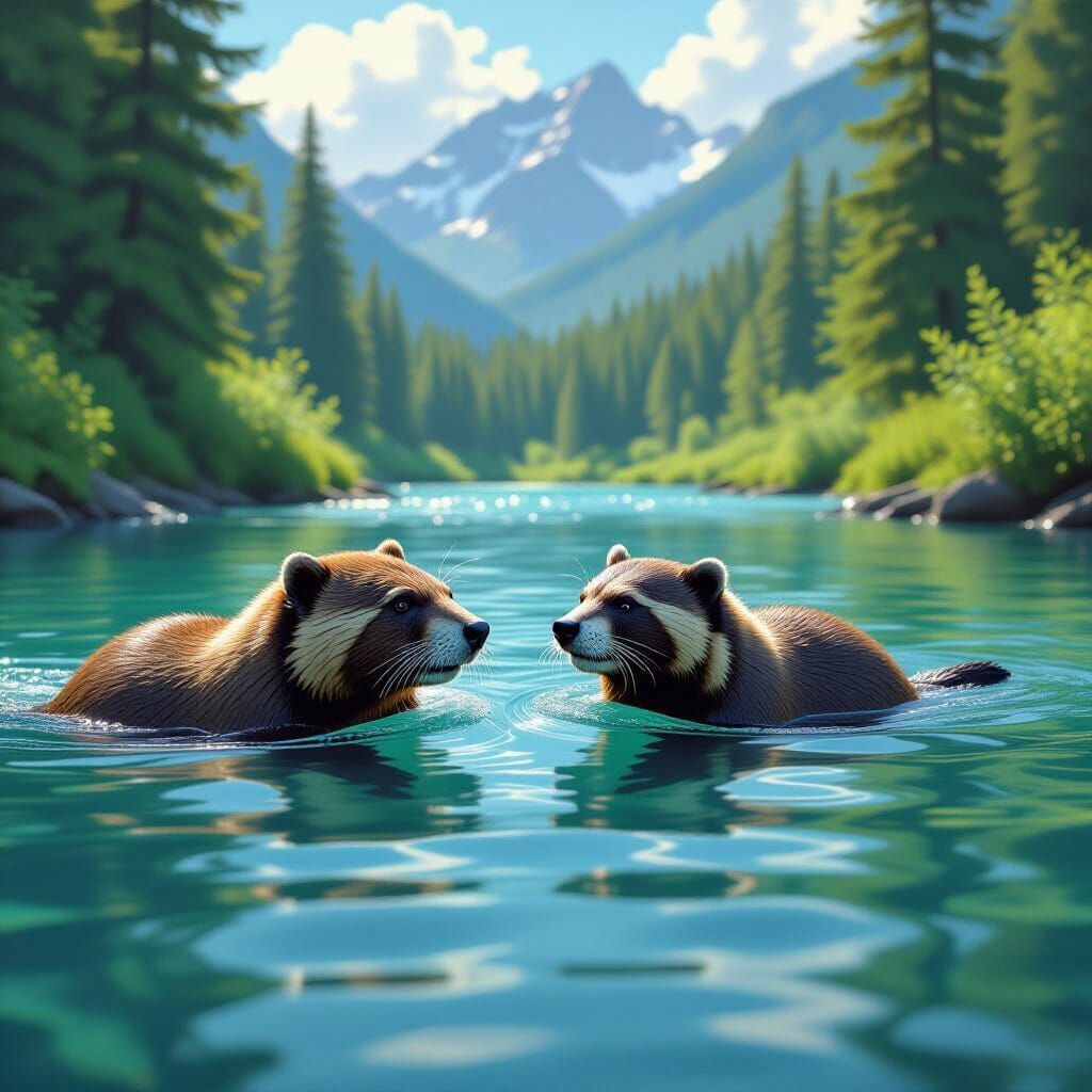 Beaver and Wolverine Swim in Mountain River Digital Painting