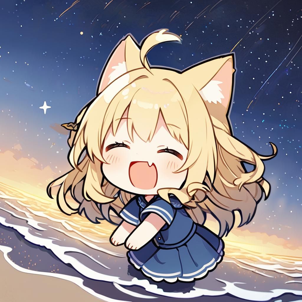 Adorable Catgirl on a Wavy Beach at Night