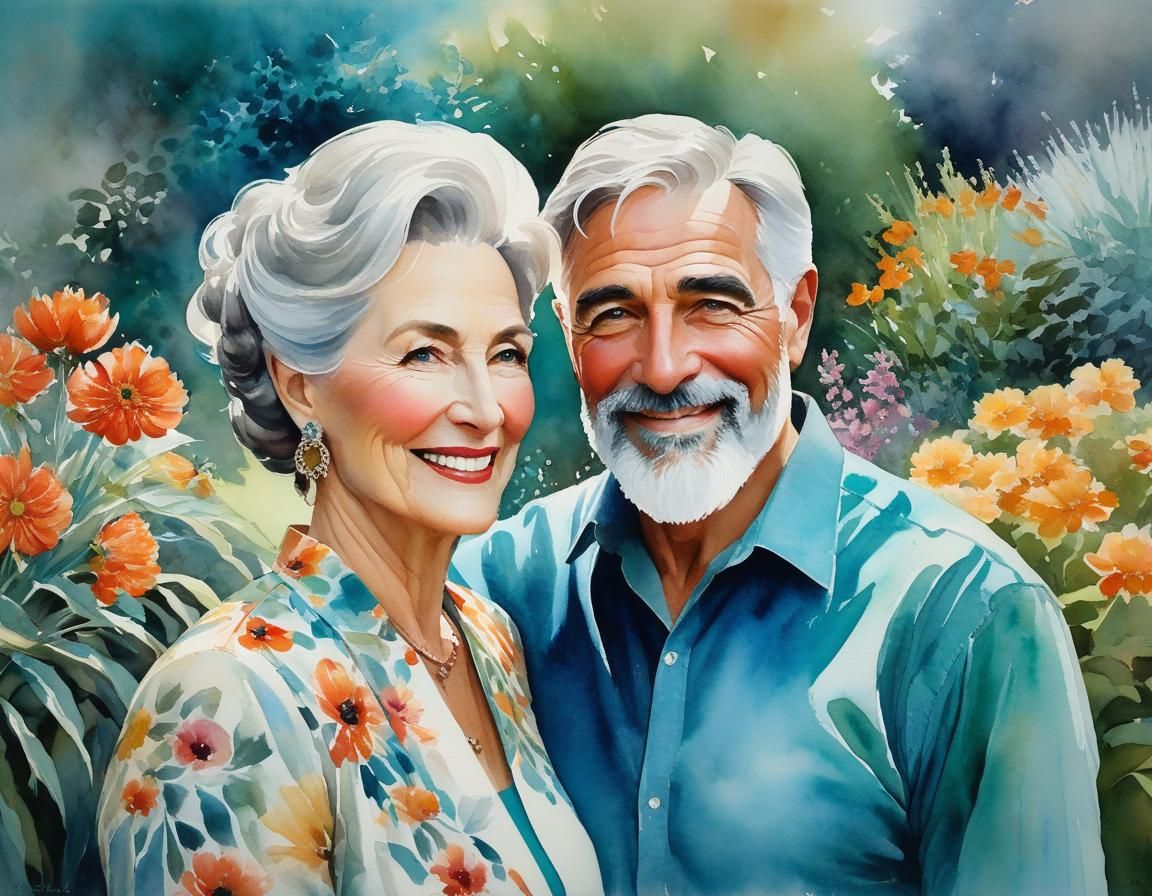 Happy Elderly Couple Portrait in Impressionist Watercolor