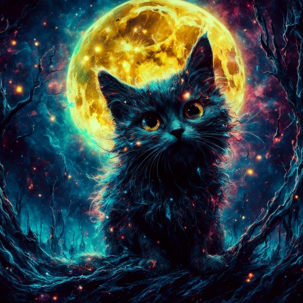 Ethereal Aurora Cat Under a Gothic Moon