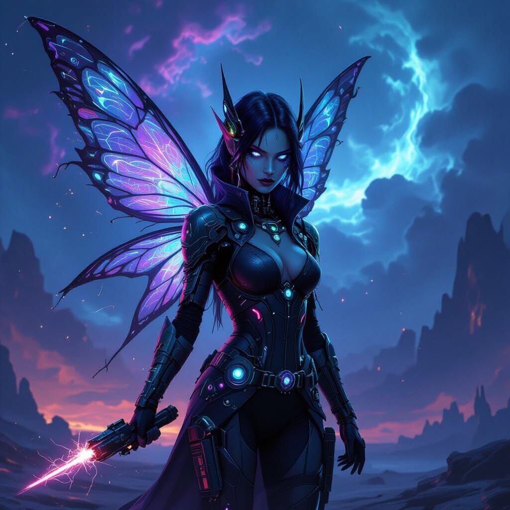 Futuristic Dark Fairy With Laser Gun on Alien Planet