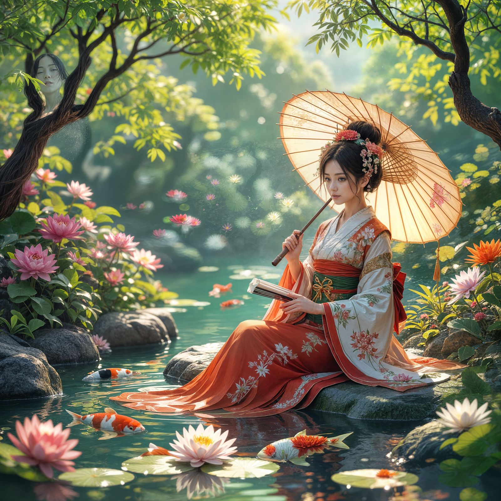 Asian Woman in Garden: Hyperrealistic Anime Portrait