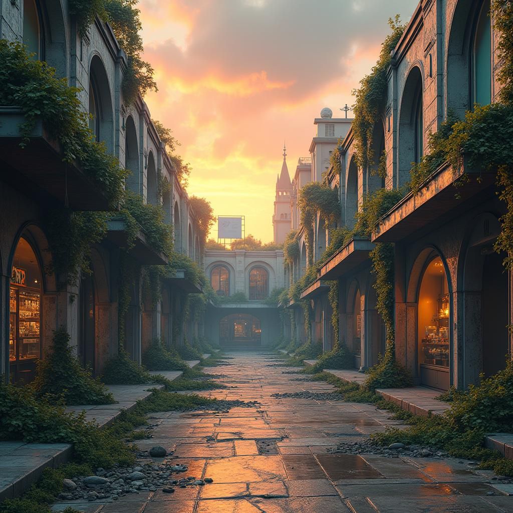 Dystopian Overgrown Mall at Sunset: Atmospheric Concept Art