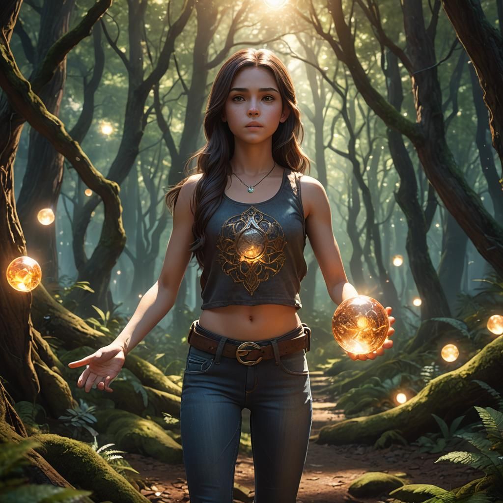 Girl with Crystal Orb in Mystical Forest