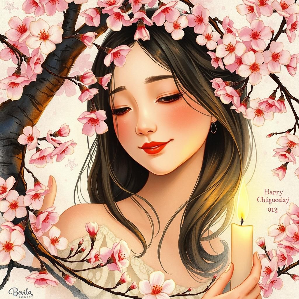 Woman Surrounded by Cherry Blossoms in Watercolor Style
