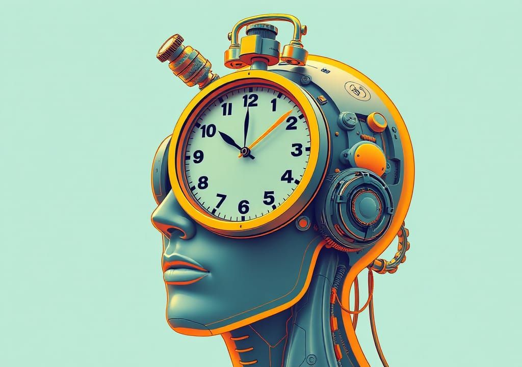 Clock Head: Futuristic Illustration in Cyan and Amber