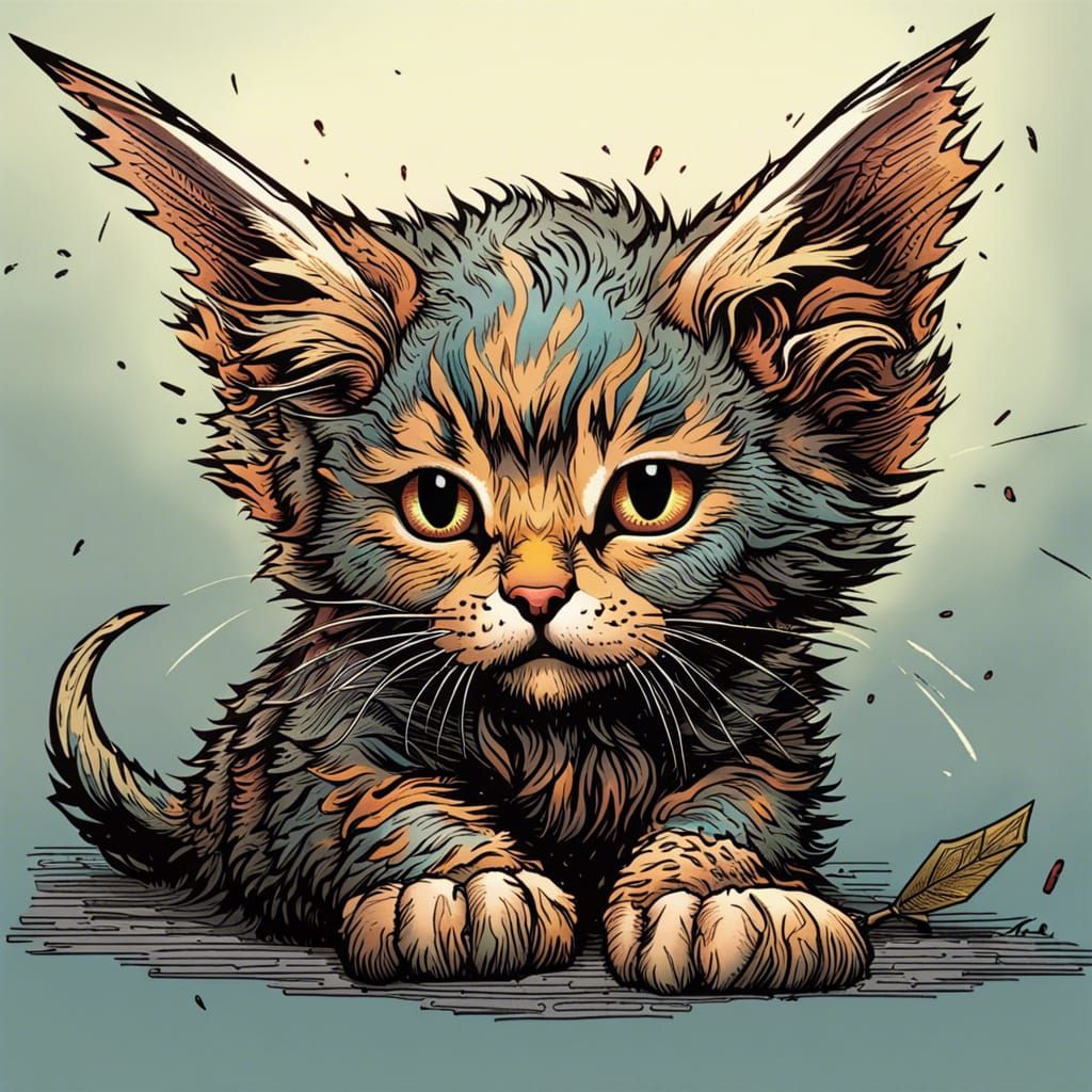 Winged Kitten Portrait in Comic Book Style