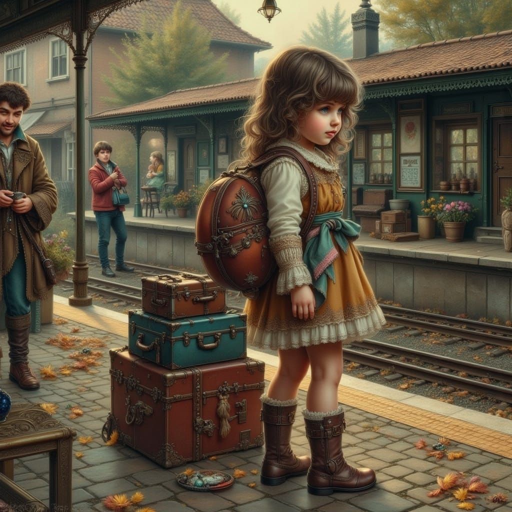 Girl Awaits Parents: Vintage Card Illustration