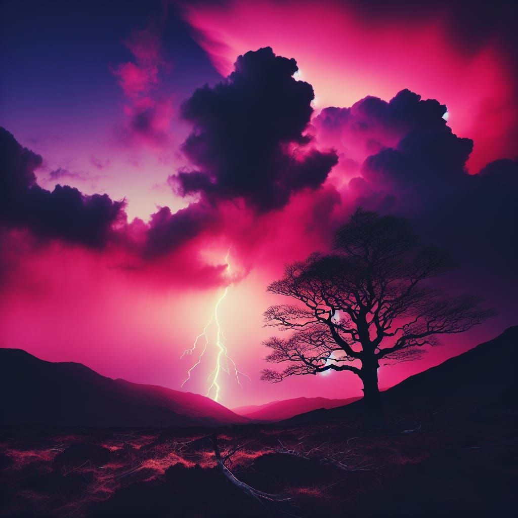 Dramatic Lightning Strikes Above Lonely Tree