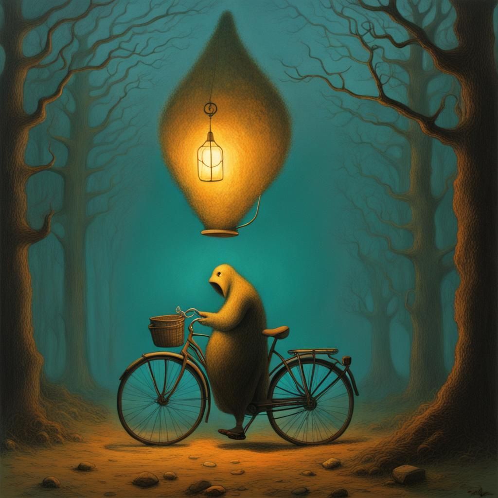 Cozy Bicycle in Dark Surrealist Style