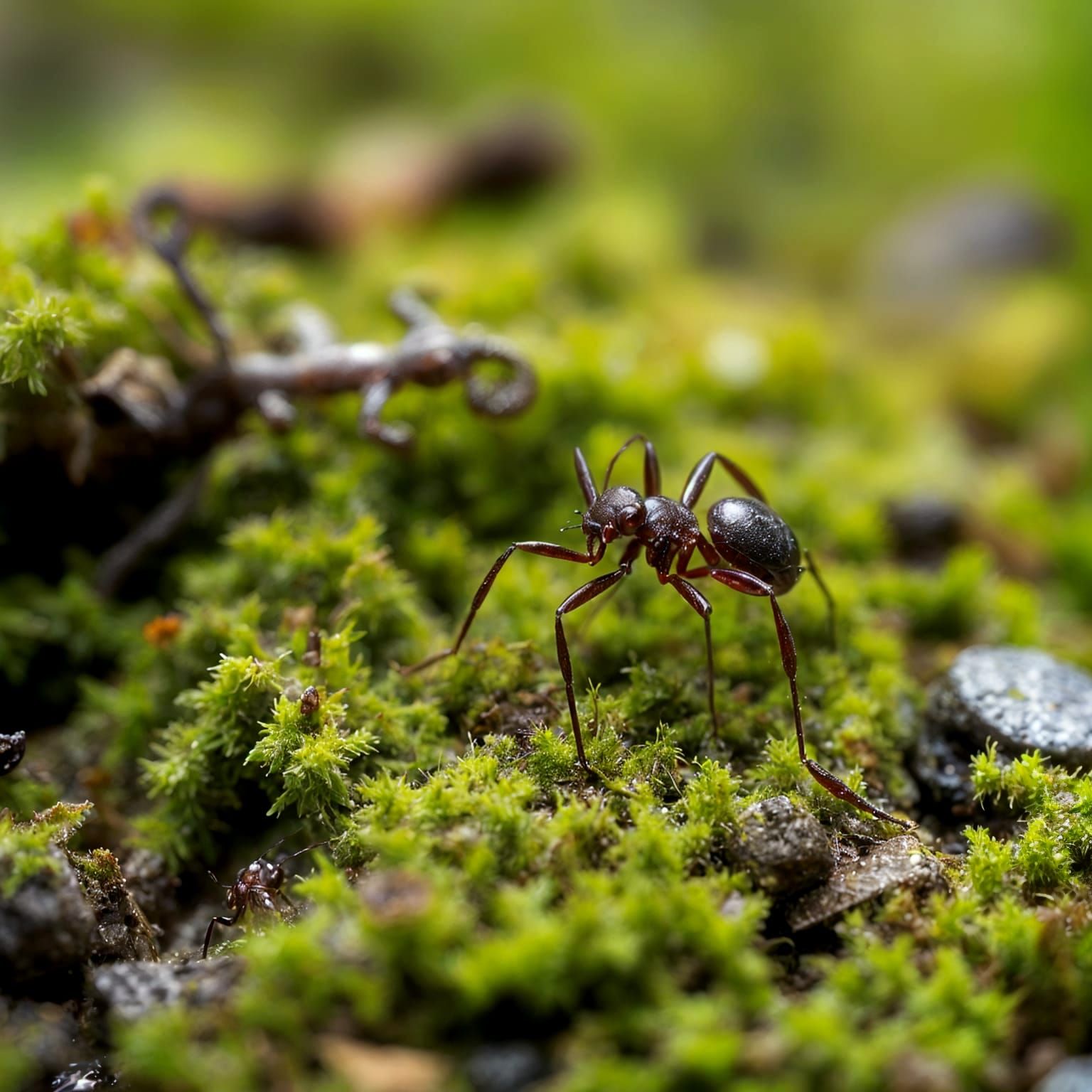 Detailed Macrophotography of Ant on Mossy Forest Floor