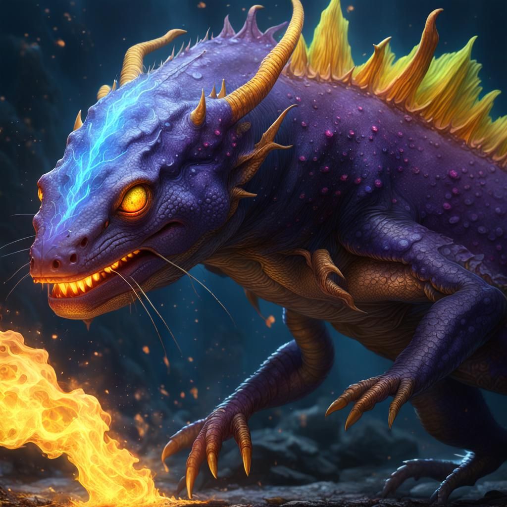 Fiery Axolotl Dragon Scorching in Dark Fantasy Style