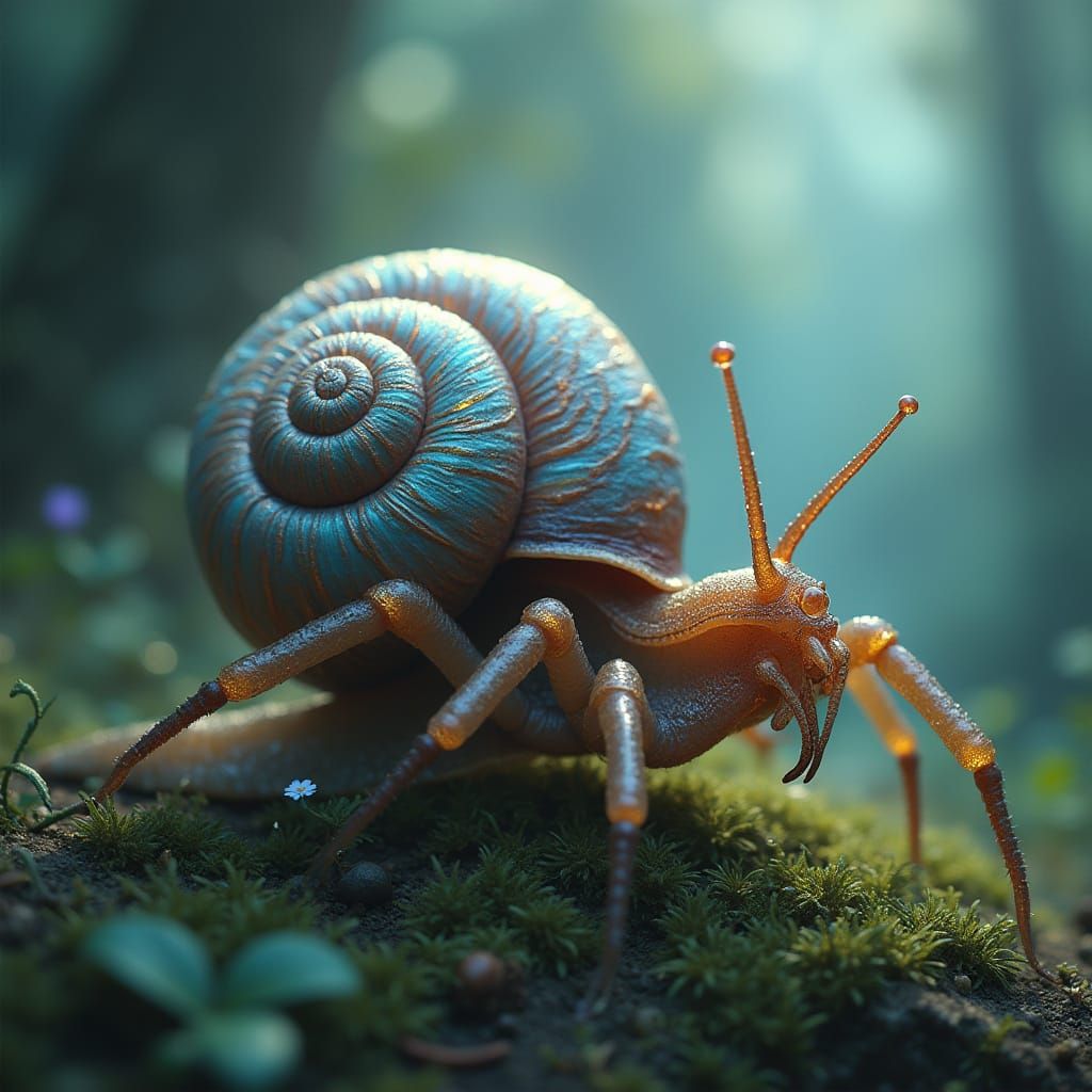 Whimsical Forest Dweller: Iridescent Spider-Snail Hybrid