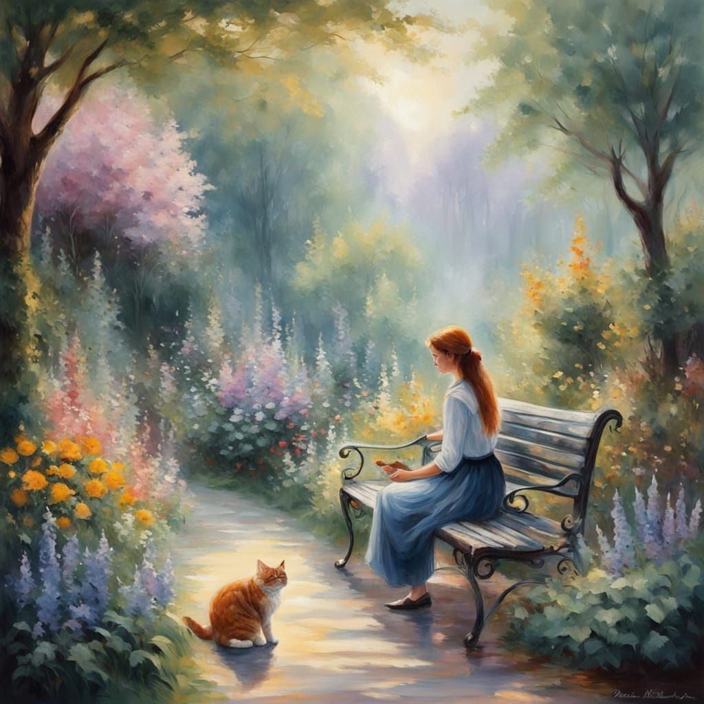 Dreamy Impressionist Garden Scene with Smiling Woman and Cat
