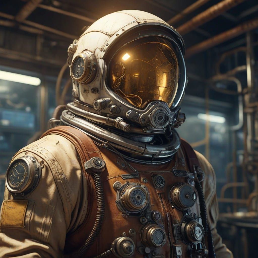 Dieselpunk Astronaut in Sci-Fi Lab, Watercolor Style