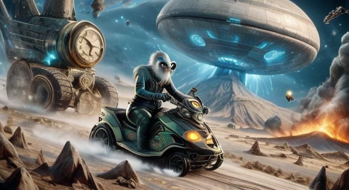 Yeti on Snowmobile with Erupting Volcano