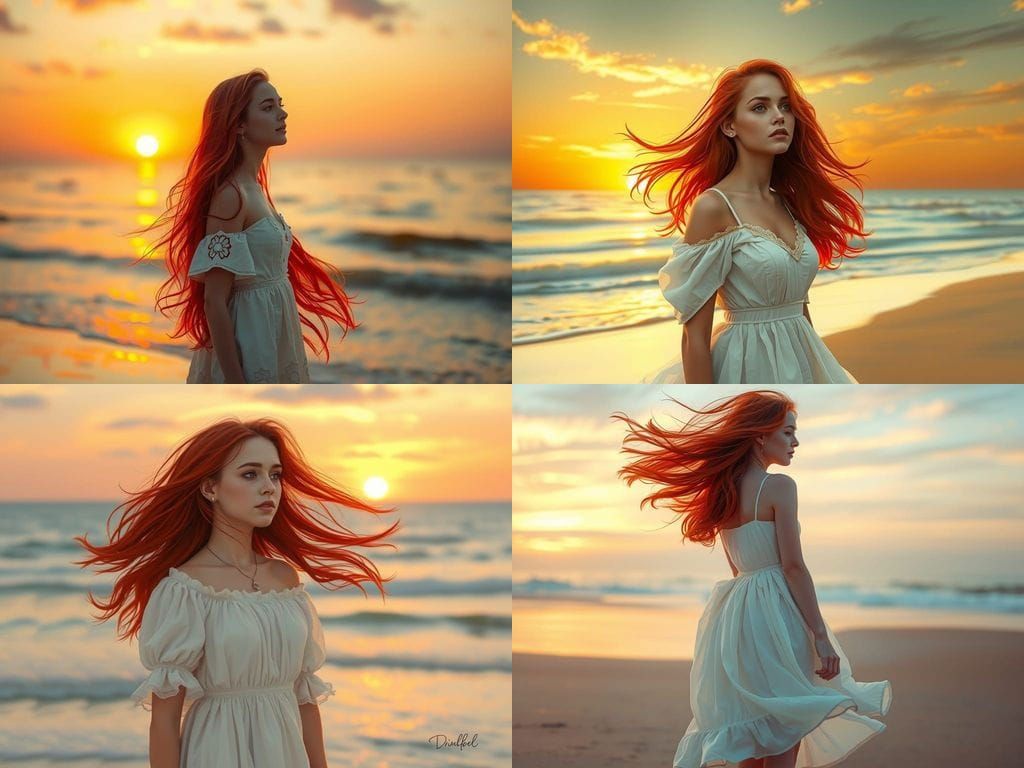 A Young Woman Enchanted by Sunset on the Beach