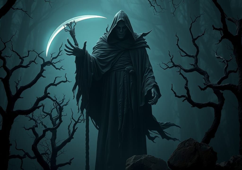 Grim Reaper in Misty Forest, Dark Fantasy Art