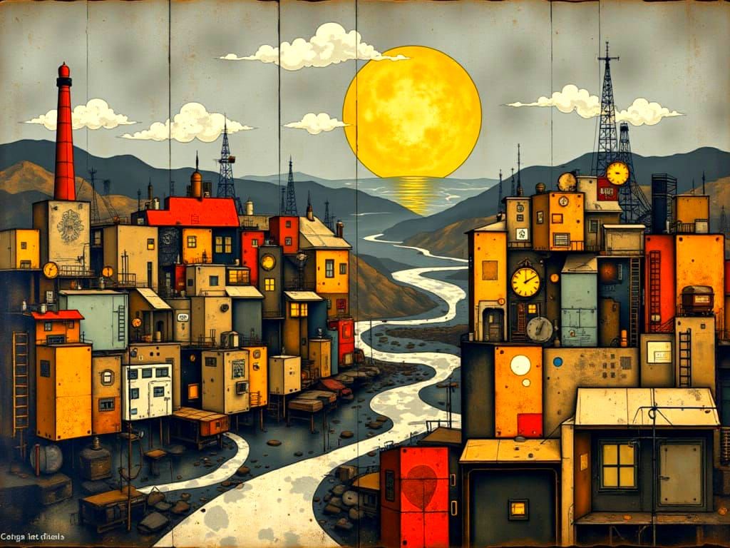 Abstract Factory Scene with Geometric Shapes