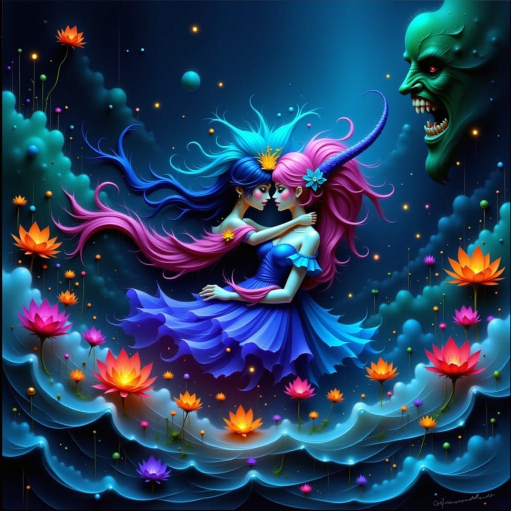 Couple Embracing Amidst Elemental Chaos